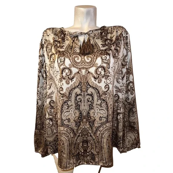 Chicos Women Brown Cream Paisley Tassel Tie Split Neck Blouse Top Size (3) XL - Picture 1 of 9